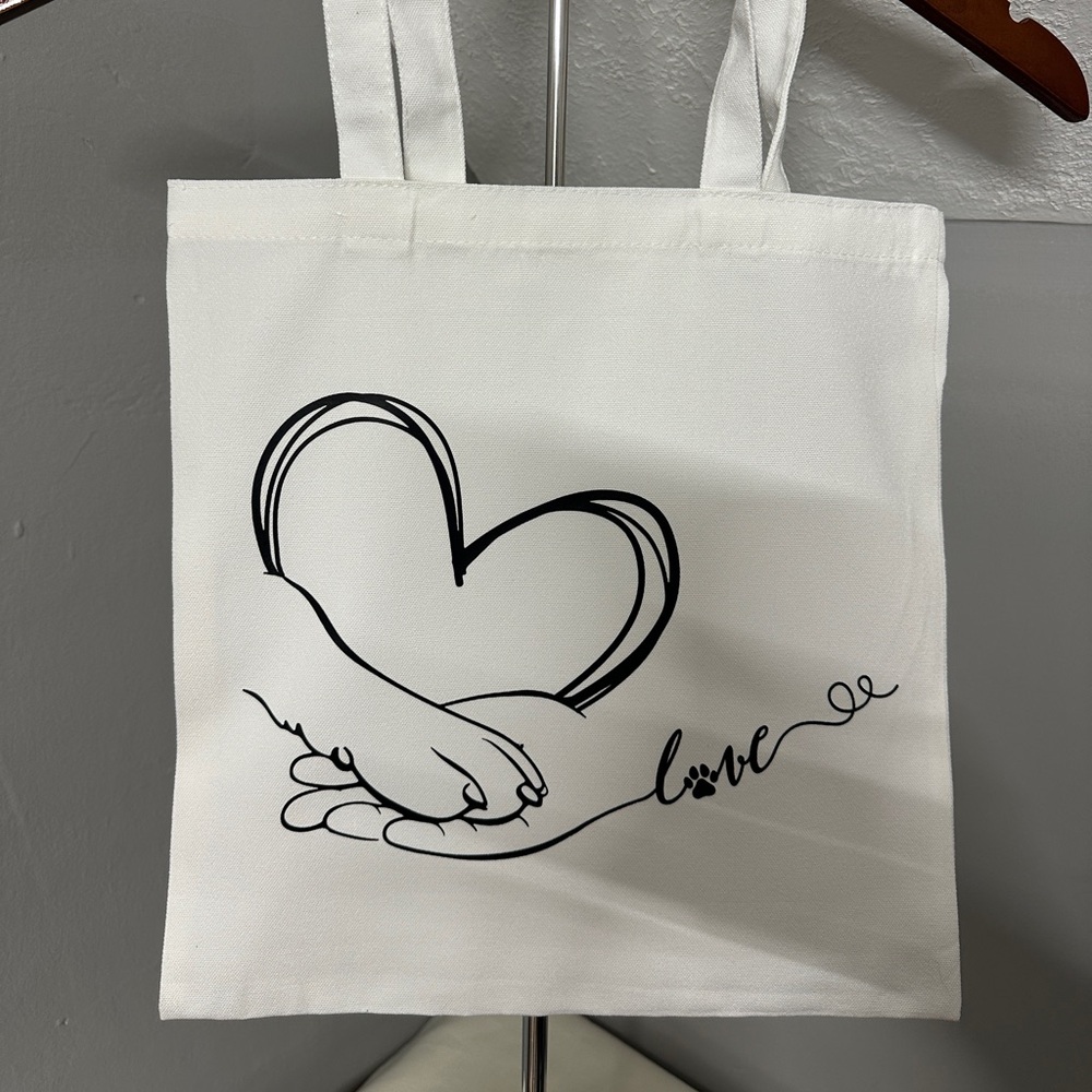 White Tote Bag with Heart, Paw, Hand Design